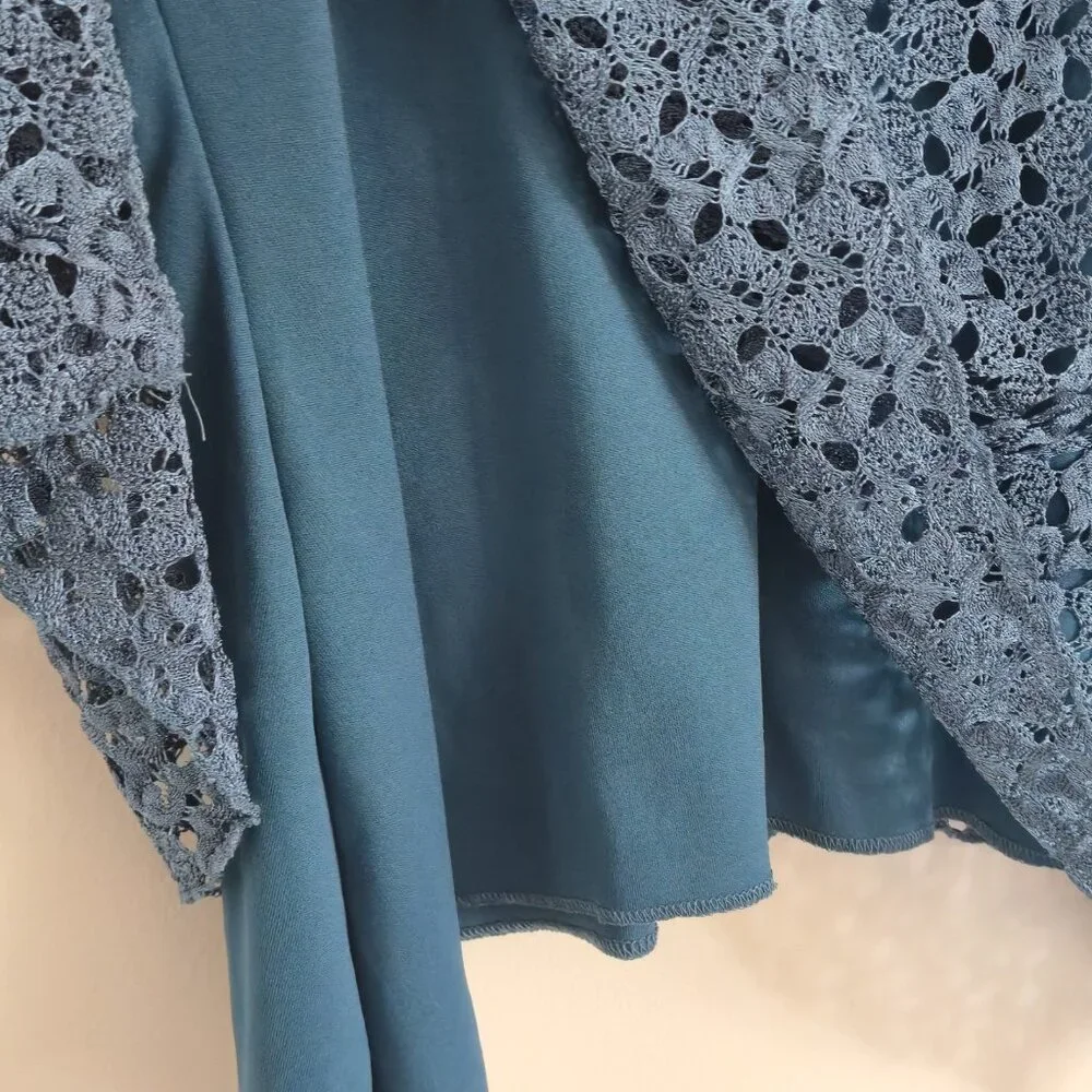 Initiatives Lined Teal Blue Lace Tunic Sharkbite Hem Crochet Lagenlook Blouse XL - Picture 7 of 10